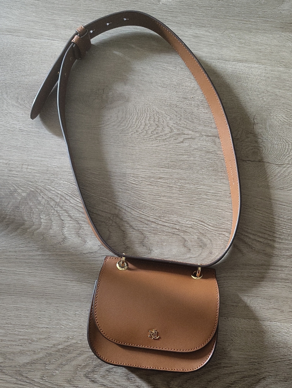 🆕Ralph Lauren Saddle Crossbody/Belt Bag in Warm Tan with Gold Hardware